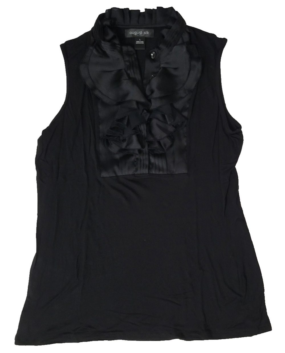 August Silk Women's L Black Satin Ruffle Bib Sleeveless Blouse Office Siren Y2K